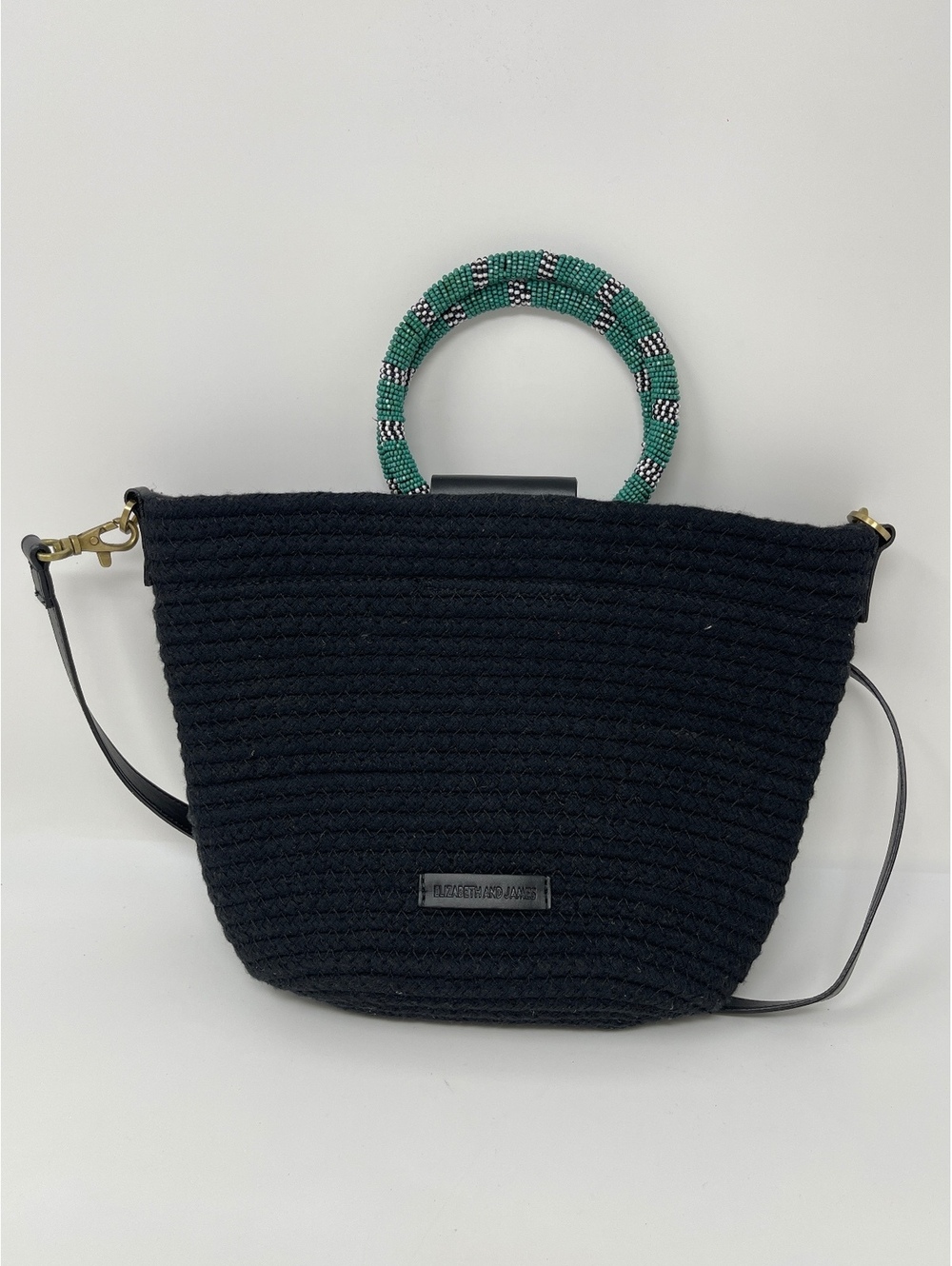 Elizabeth and James Black Woven Tote Crossbody Handbag Beaded Top Handles